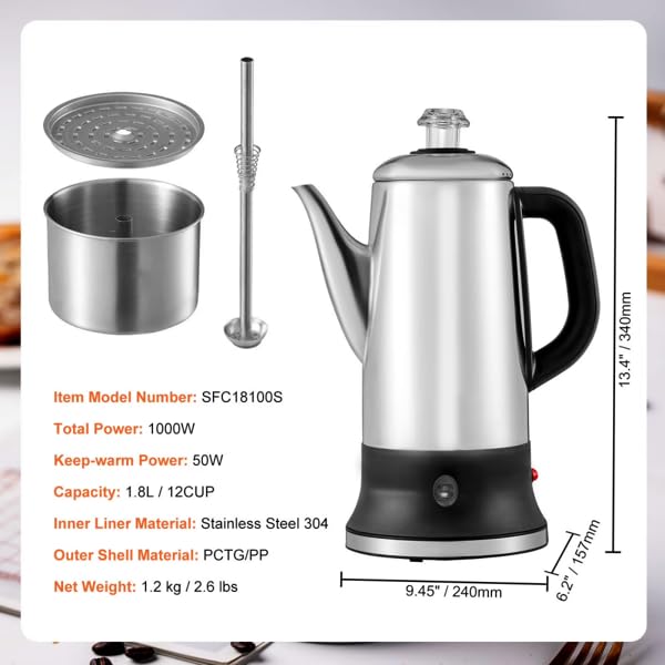 12-Cup Stainless Steel Electric Percolator Coffee Maker H2910