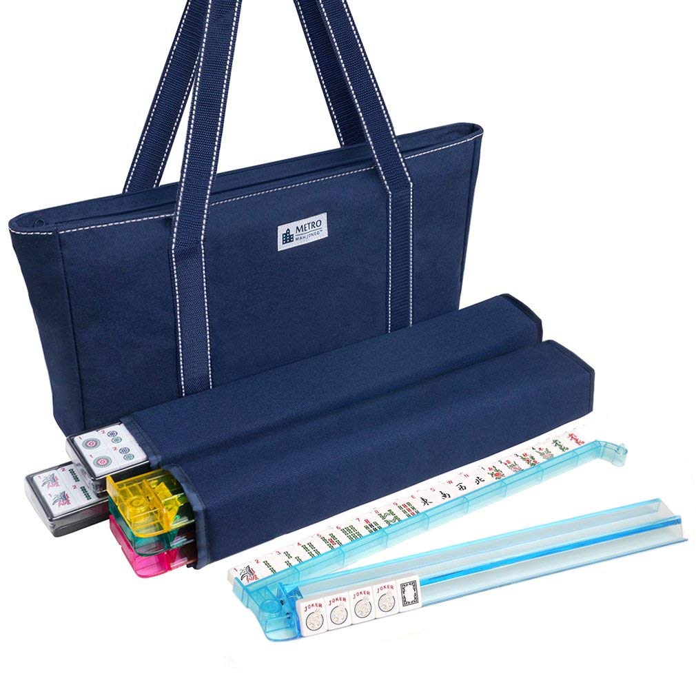 American Mah Jongg Set - 166 White Tiles, 4 Rack/Pushers, Blue Canvas Bag W417