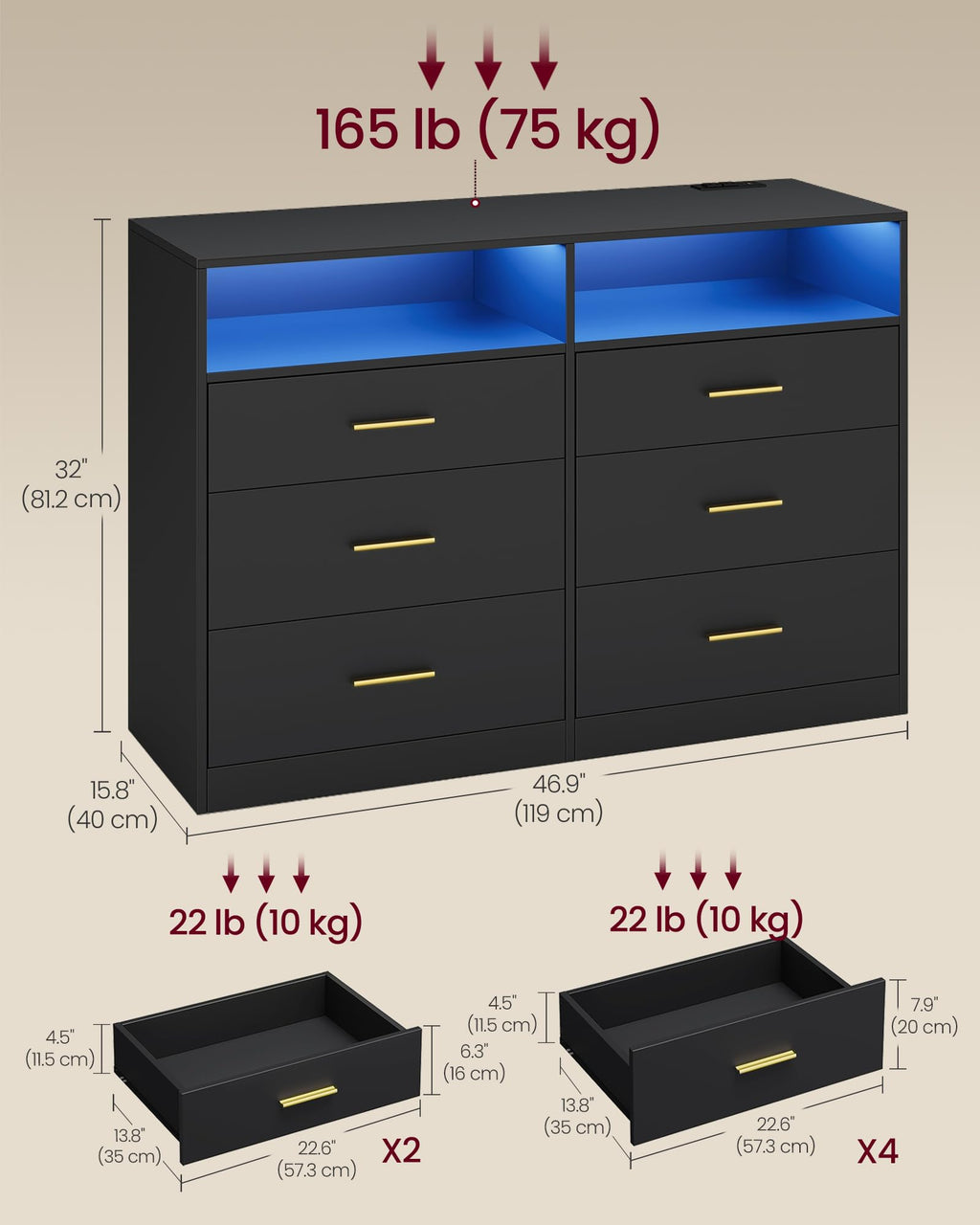 6 Drawer Dresser with LED Lights and Power Strip J252