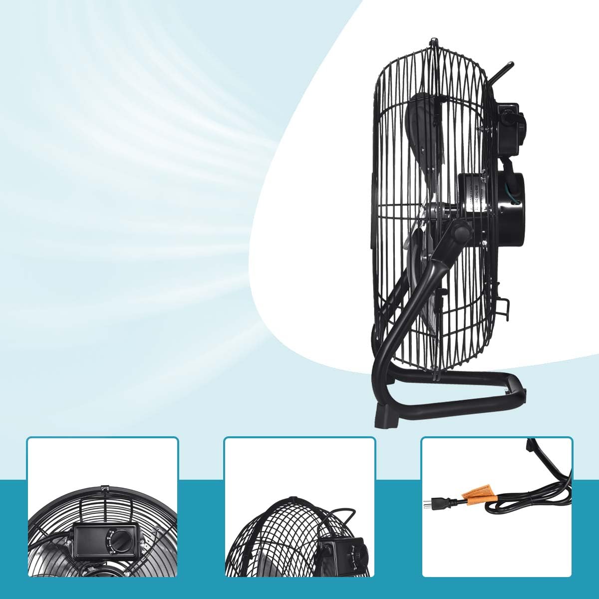 20 in. 3 Speed Metal Floor Fan in Black with Tilting Head O3314