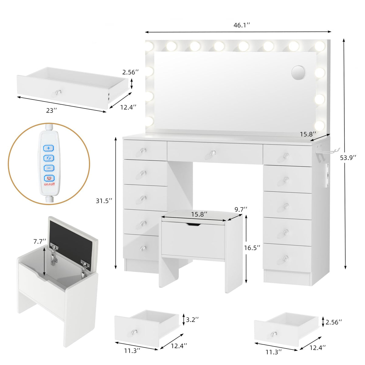 46" Vanity with Lighted Mirror and 11 Drawers R983379