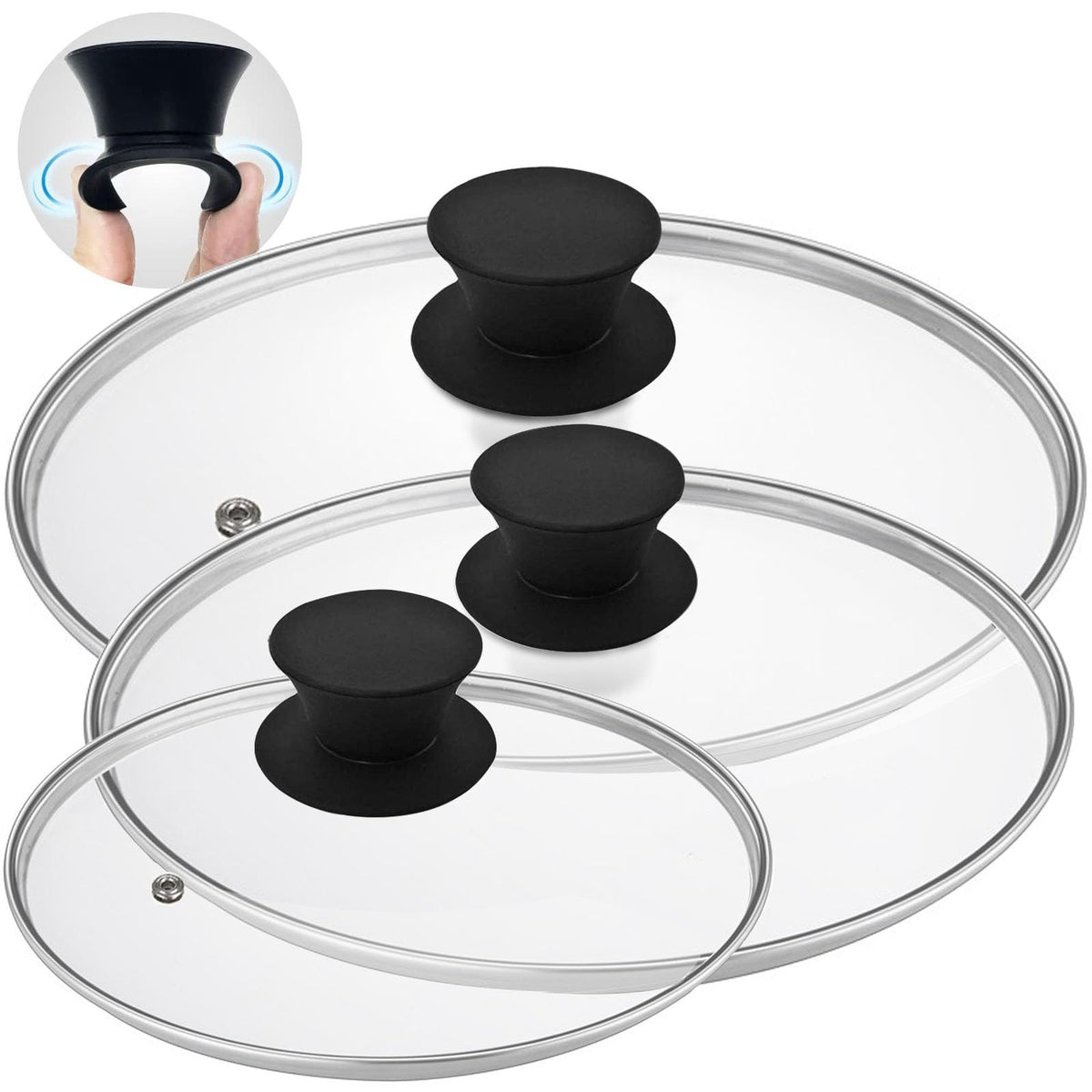 Round Tempered Glass Lid Set with Black Handle, 3 Pieces Q789618