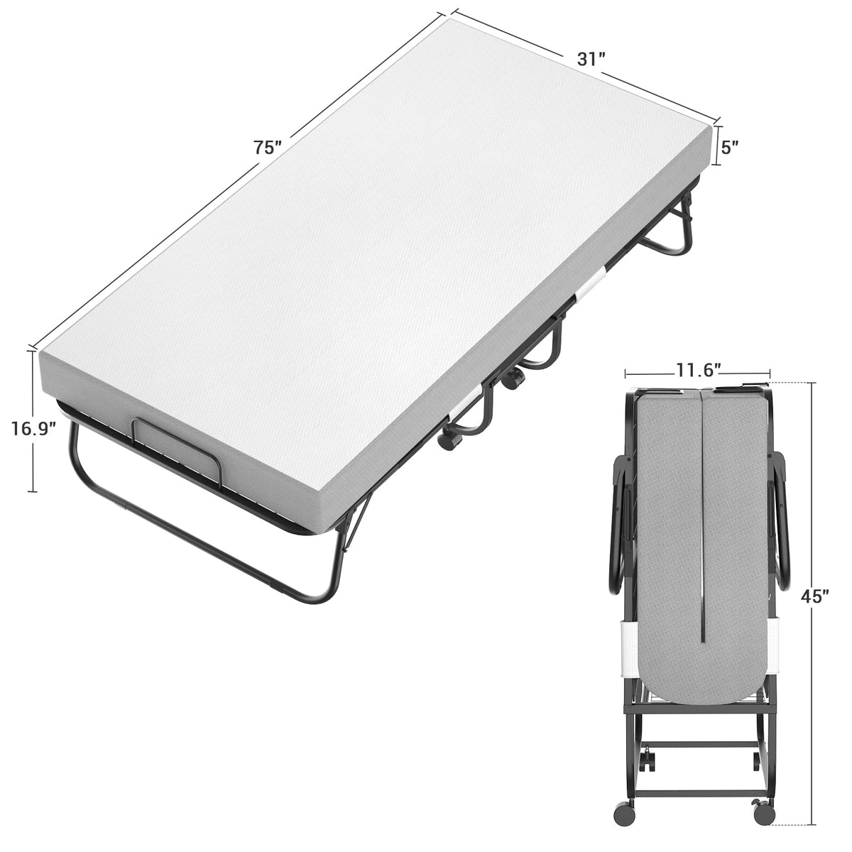75" x 31" Folding Bed with Memory Foam Mattress E5609