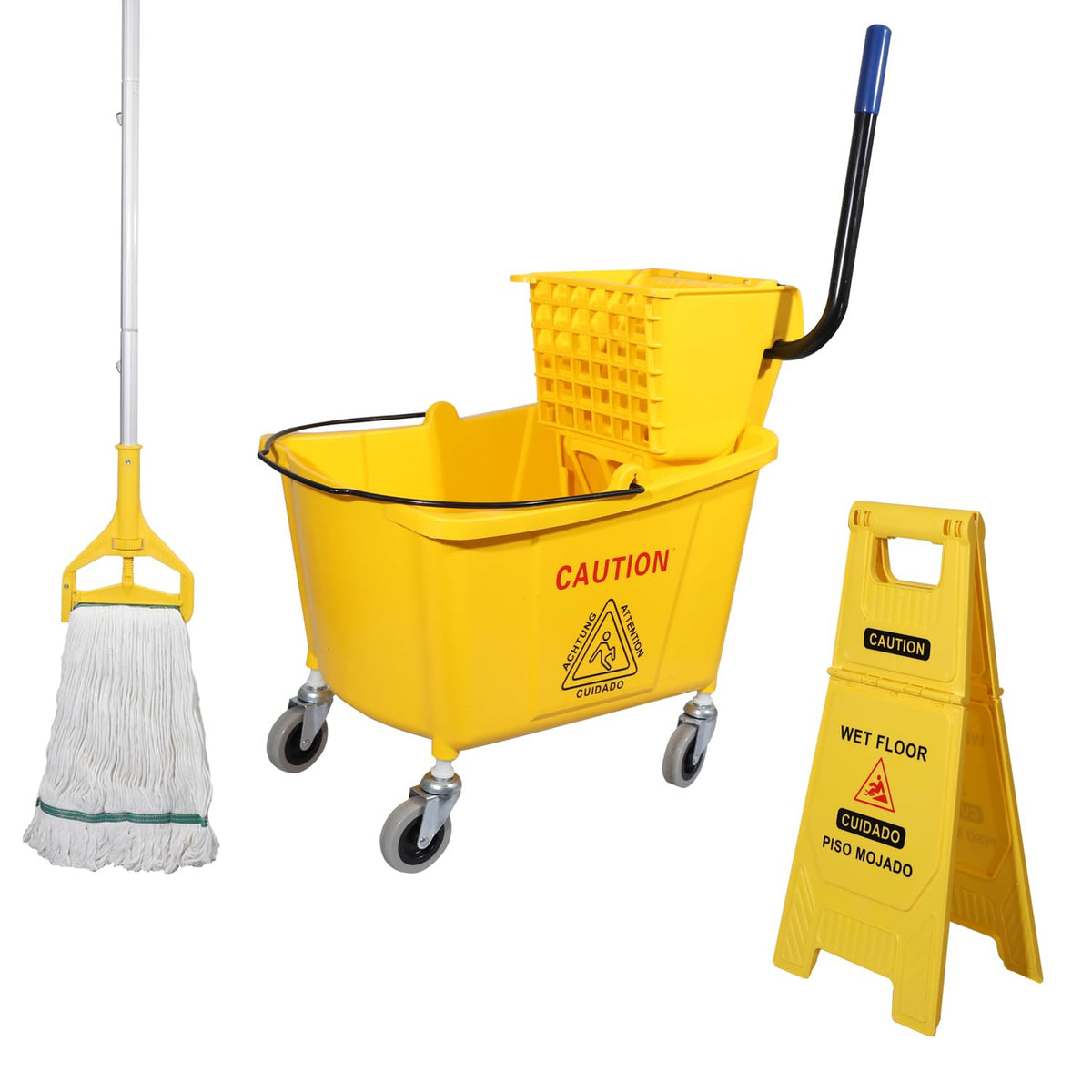 Commercial Mop Bucket with Wringer on Wheels, 35 Quart, Yellow Z866