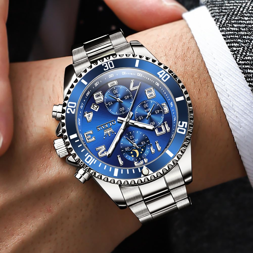 Mens Chronograph Moon Phase Two Tone Stainless Steel Waterproof Luminous Wrist Watch S2024