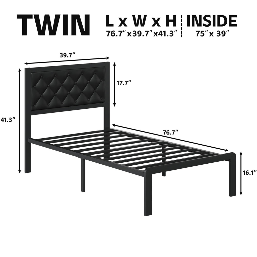 Black PU Leather Upholstered Twin Bed Frame with Headboard V3981