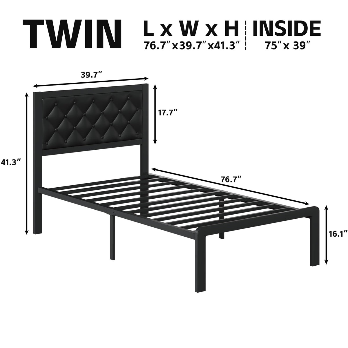 Black PU Leather Upholstered Twin Bed Frame with Headboard V3981