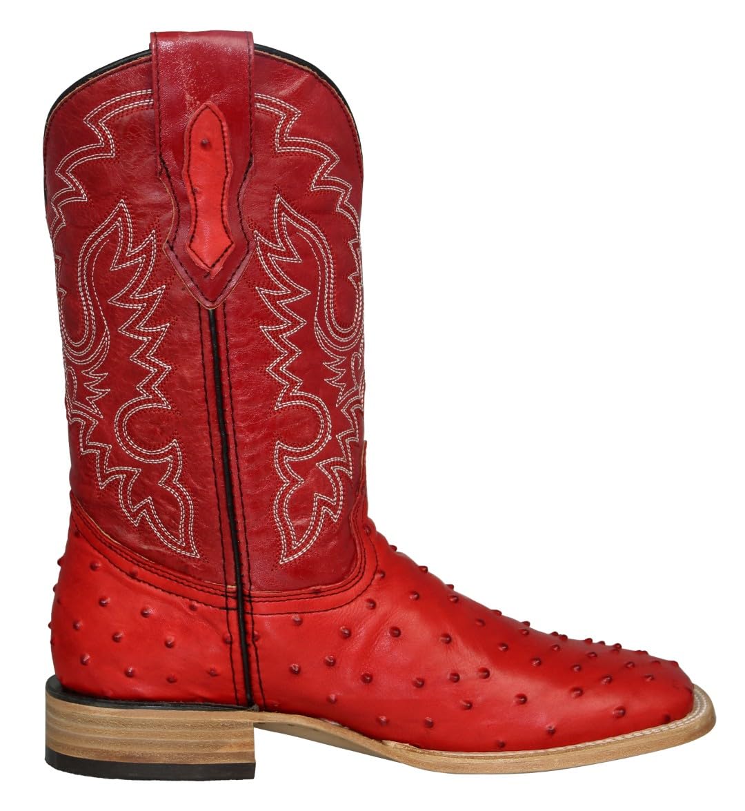 Red Ostrich Quill Print Leather Square Toe Western Cowboy Boots D5328