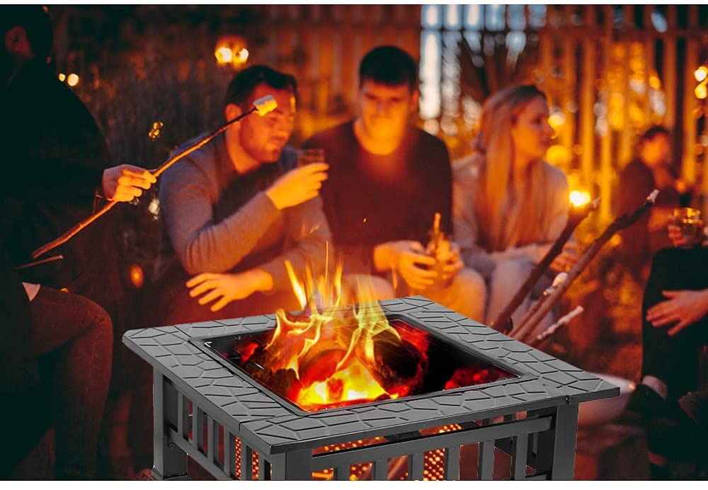 32'' Wood Burning Square Fire Pit with Grill Grate P370176