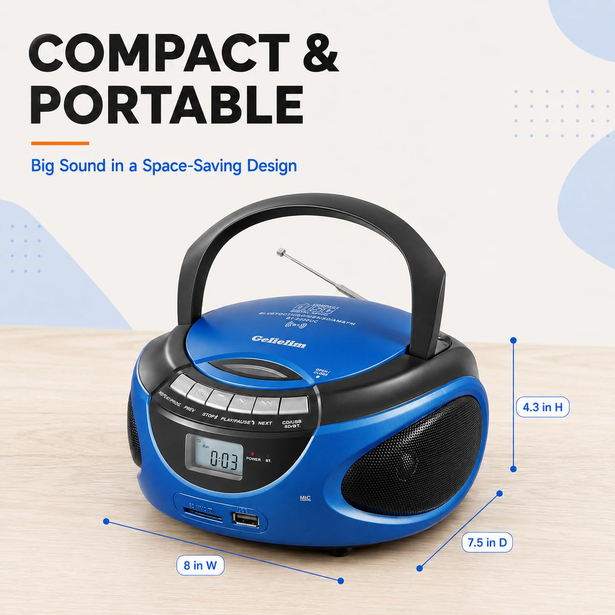Portable CD Player with Bluetooth AM FM Stereo Radio Blue L413