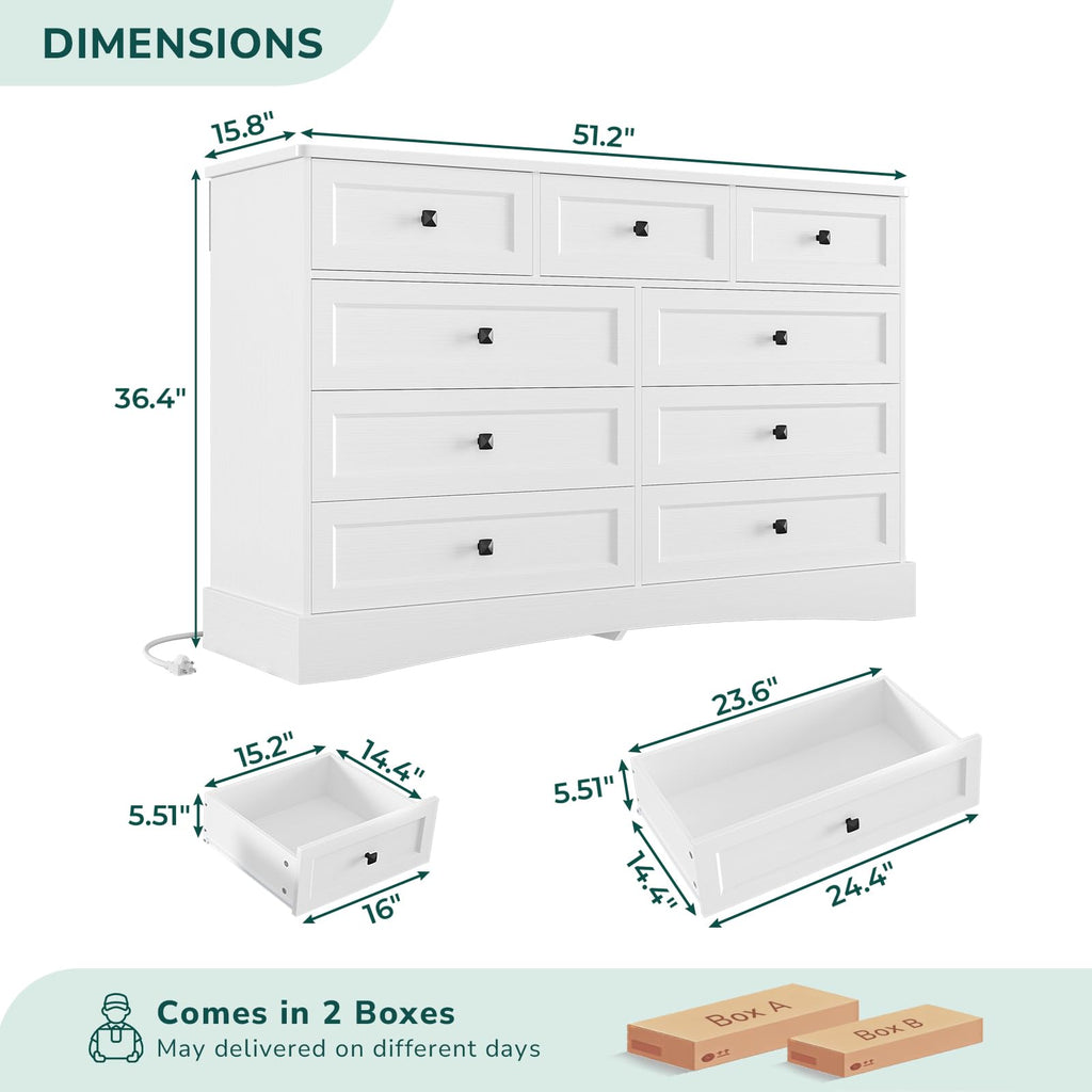 White 9 Drawer Wood Dresser with Charging Station R993
