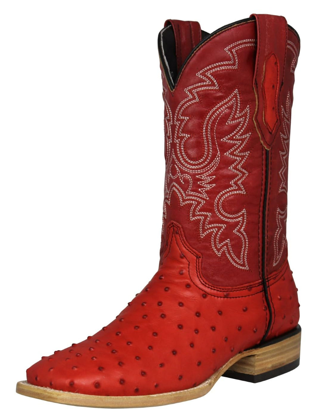 Red Ostrich Quill Print Leather Square Toe Western Cowboy Boots D5328