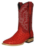 Red Ostrich Quill Print Leather Square Toe Western Cowboy Boots D5328