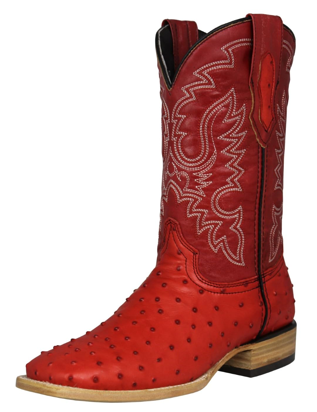 Red Ostrich Quill Print Leather Square Toe Western Cowboy Boots D5328