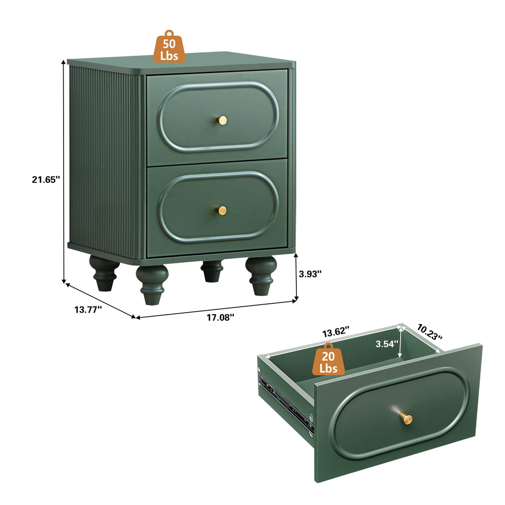 2 Drawer Fluted Nightstand Set of 2 Green M365