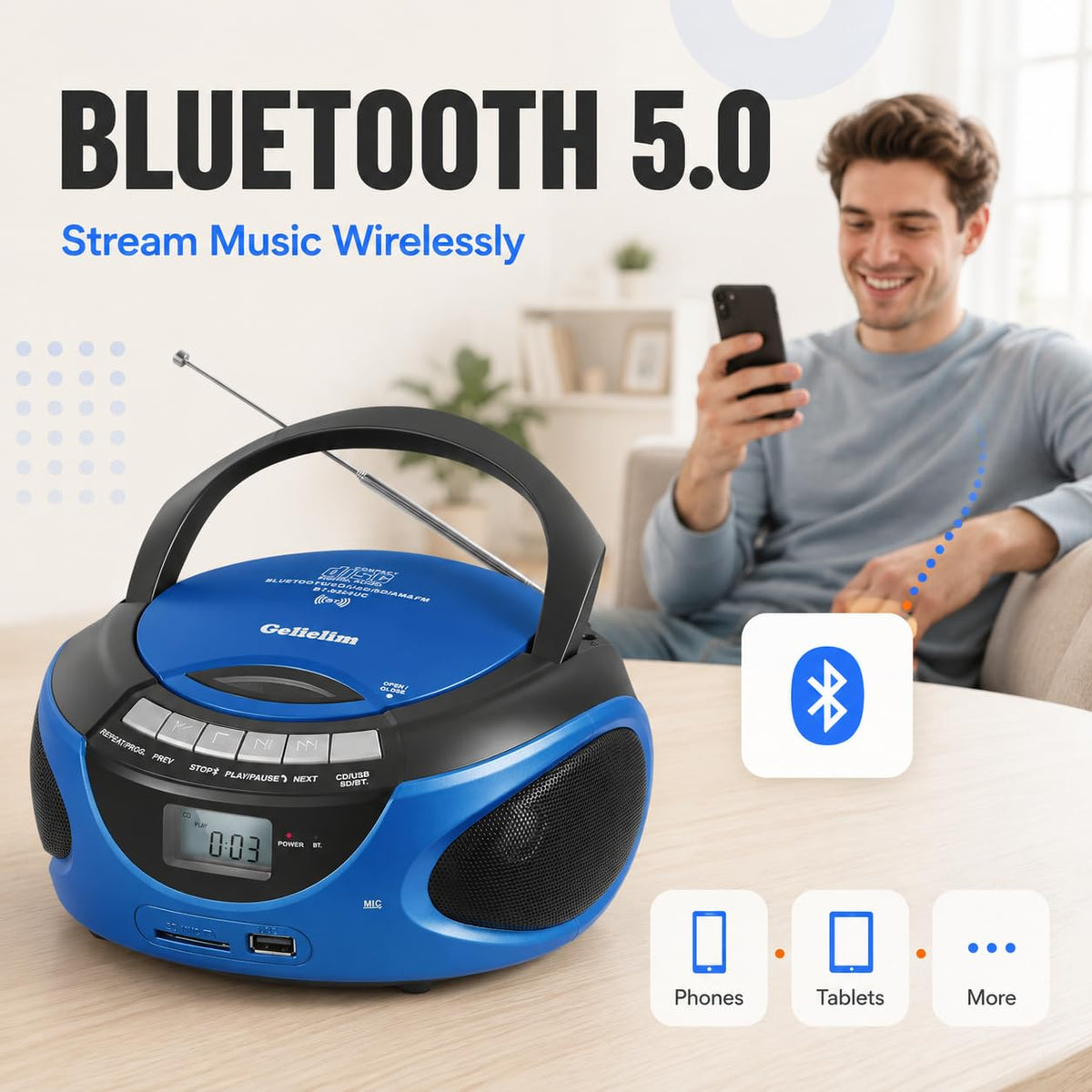 Portable CD Player with Bluetooth AM FM Stereo Radio Blue L413