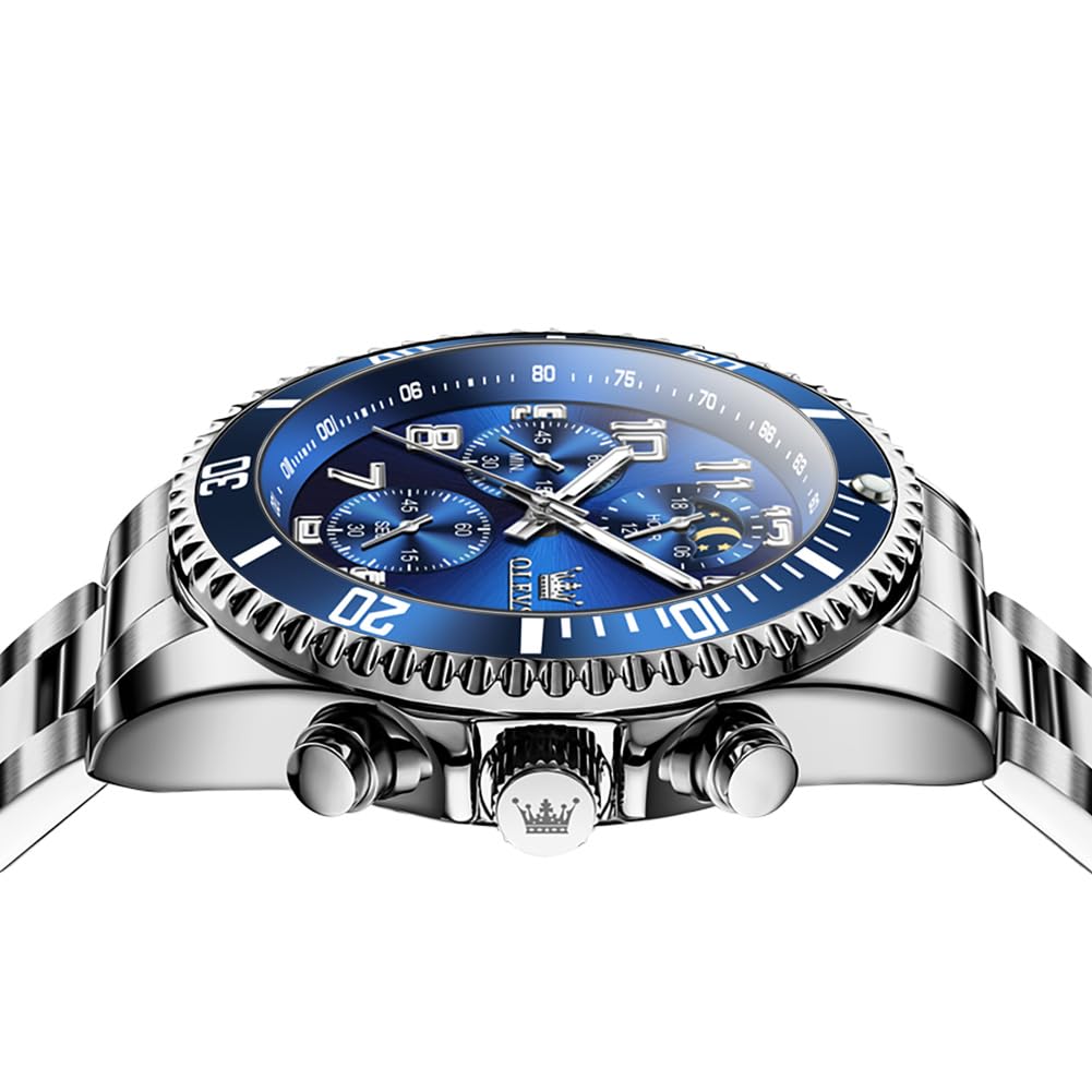 Mens Chronograph Moon Phase Two Tone Stainless Steel Waterproof Luminous Wrist Watch S2024