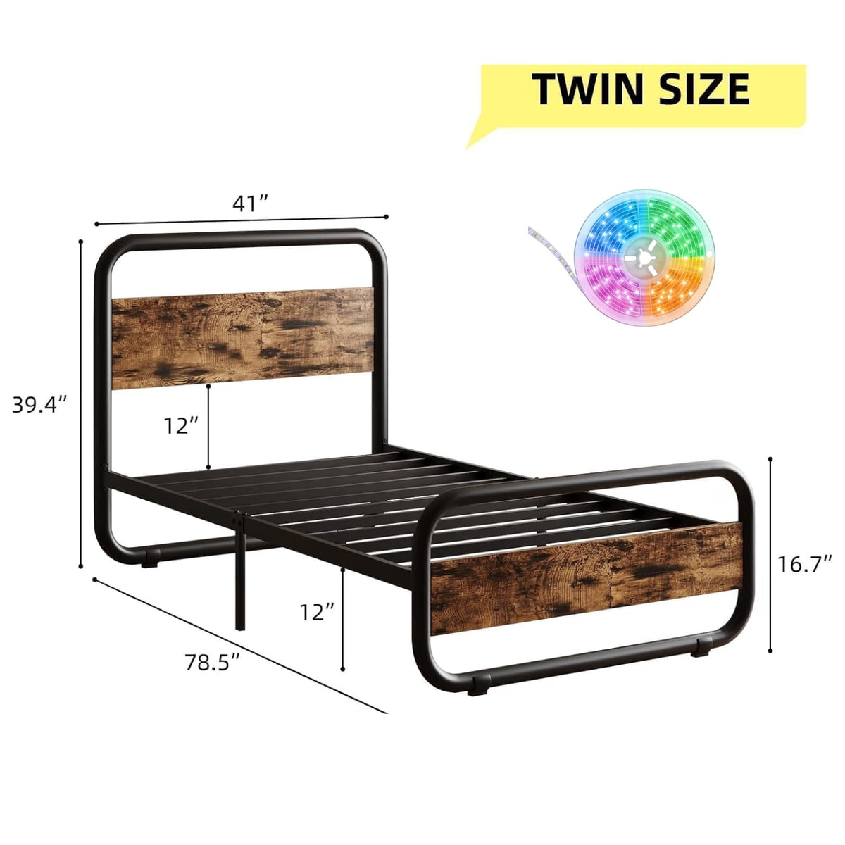 Brown Metal Platform Twin Bed Frame with Wood Headboard N342312
