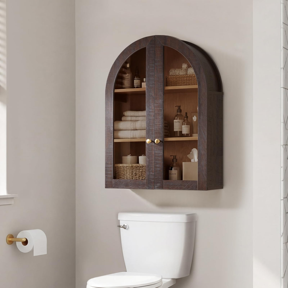 Arched Wall Cabinet with Glass Doors & Adjustable Shelves, 23.5×31.4 Inch N1744