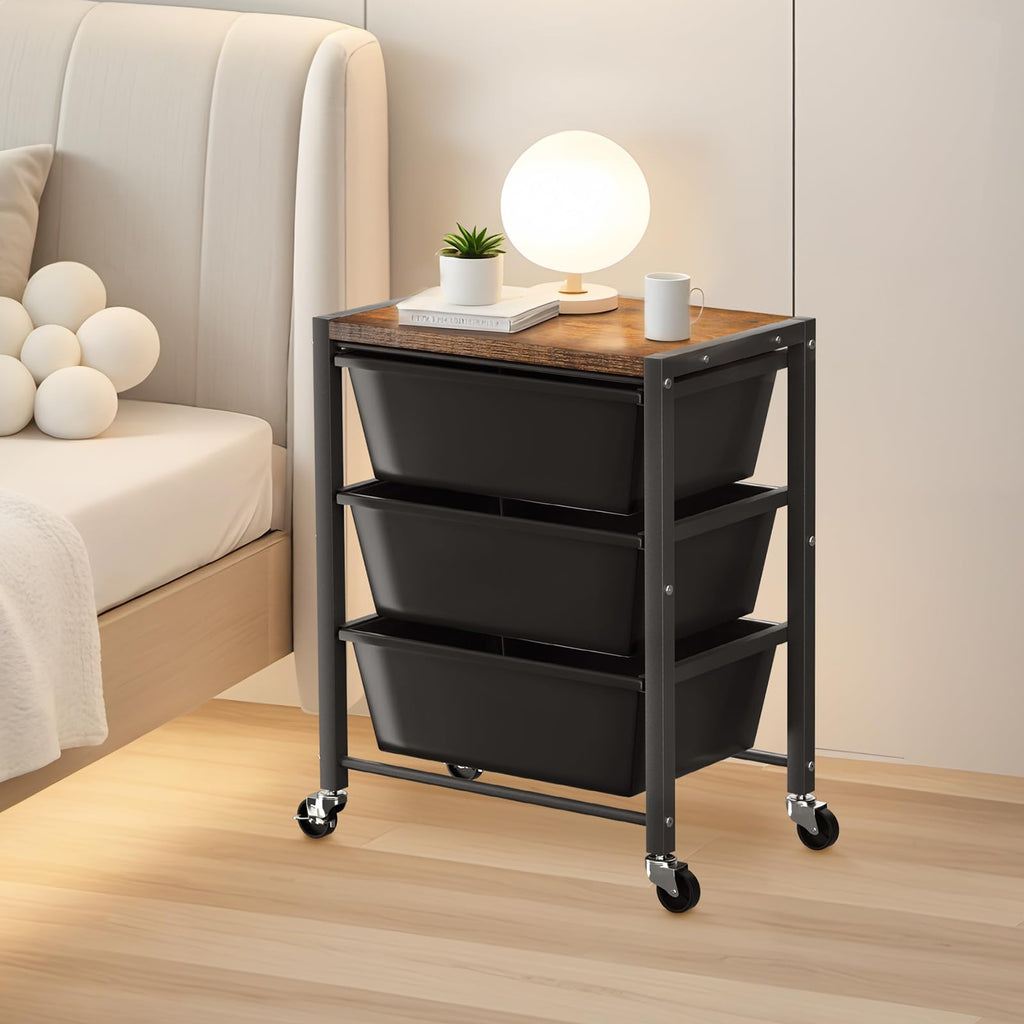 3 Drawer Rolling Cart with Lockable Wheels and Wooden Tabletop M783
