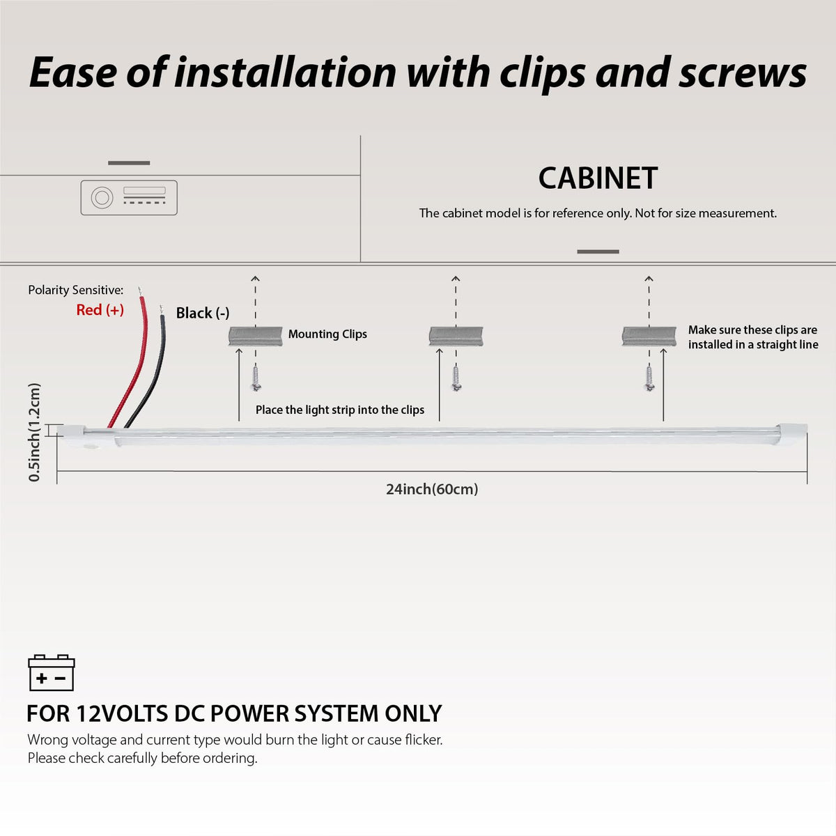 12volt DC LED Under Cabinet Strip Light, Warm White, with Switch, 23.6 inch E384