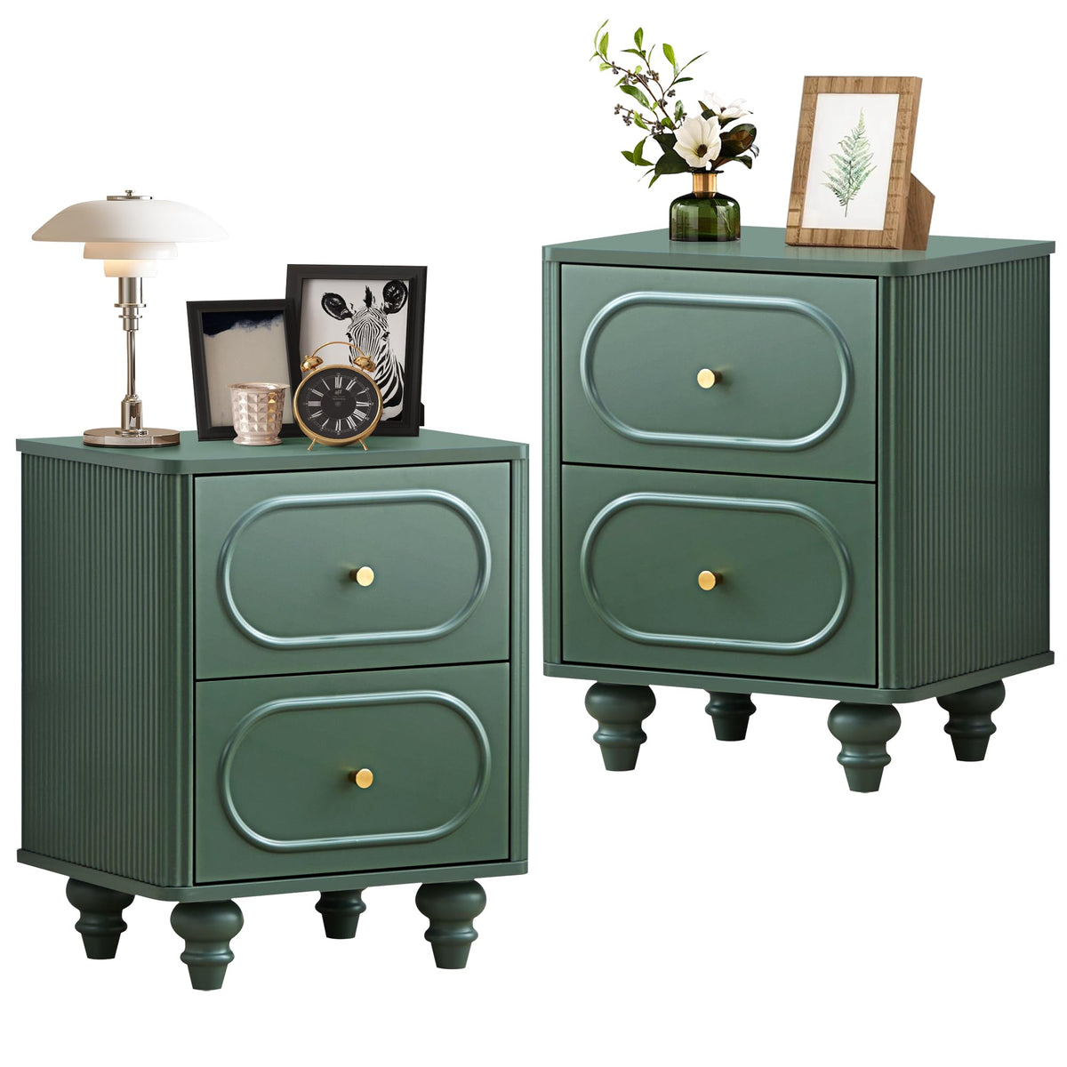 2 Drawer Fluted Nightstand Set of 2 Green M365