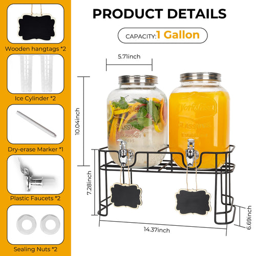 2 Pack 1 Gallon Glass Drink Dispensers with Stand B52037