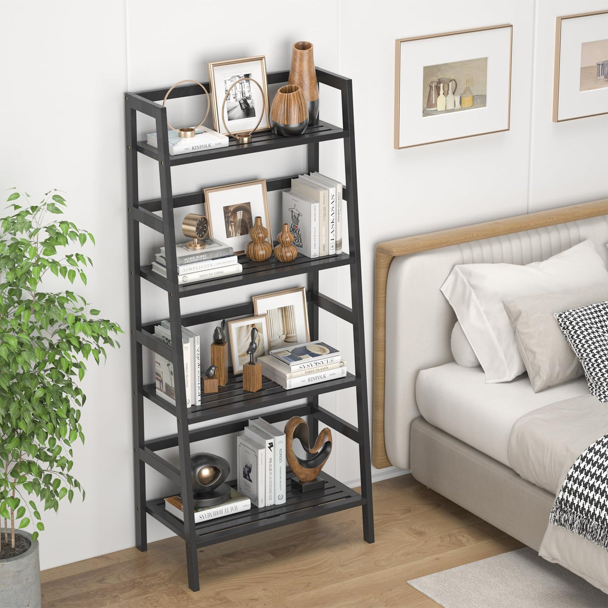 Black 4-Tier Bamboo Ladder Shelf X498782