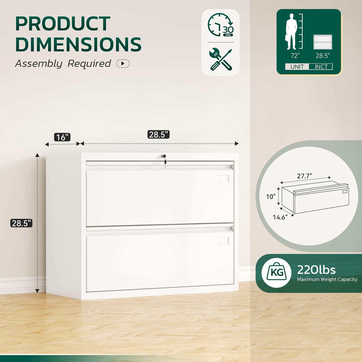 White 2 Drawer Metal File Cabinet with Lock I6161