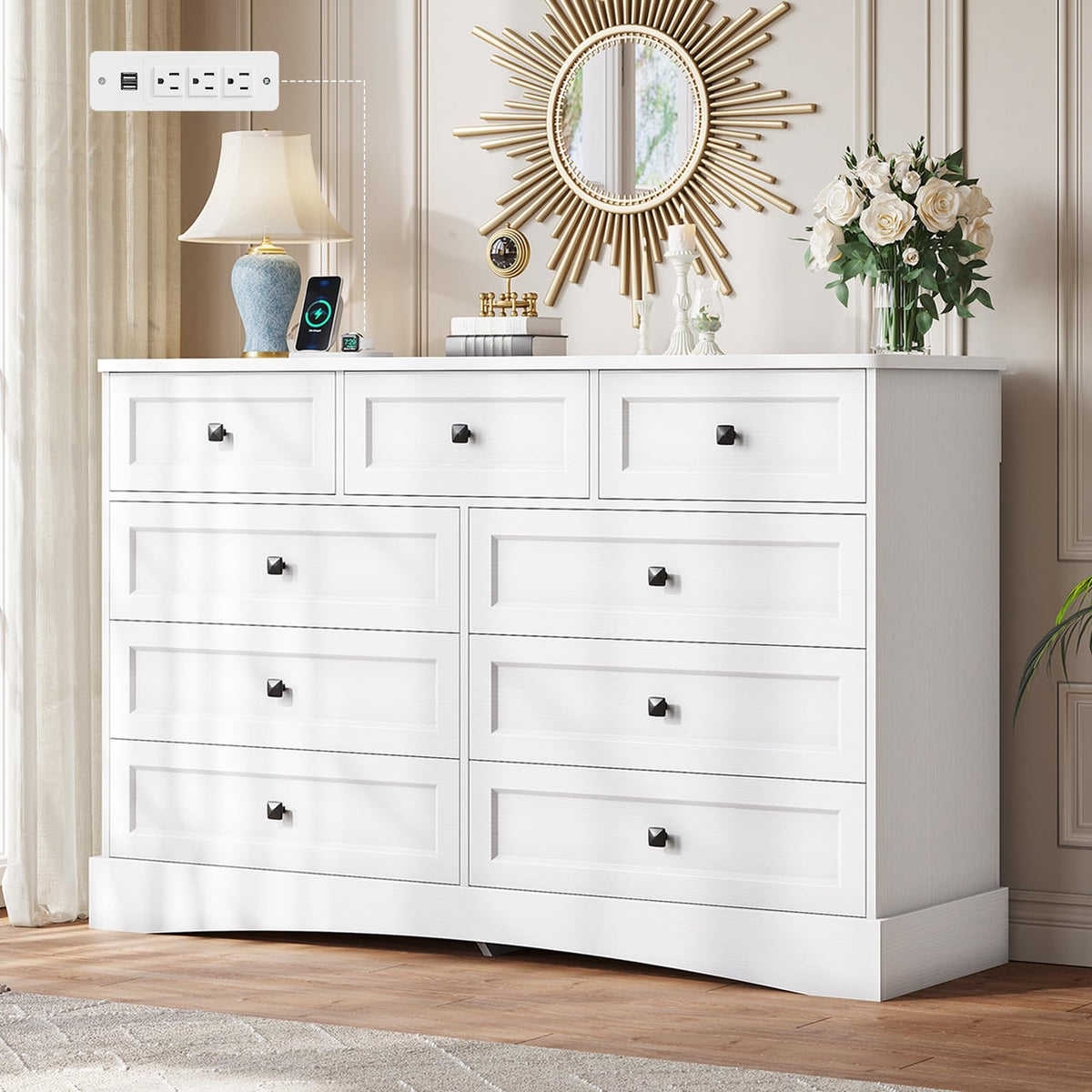White 9 Drawer Wood Dresser with Charging Station R993