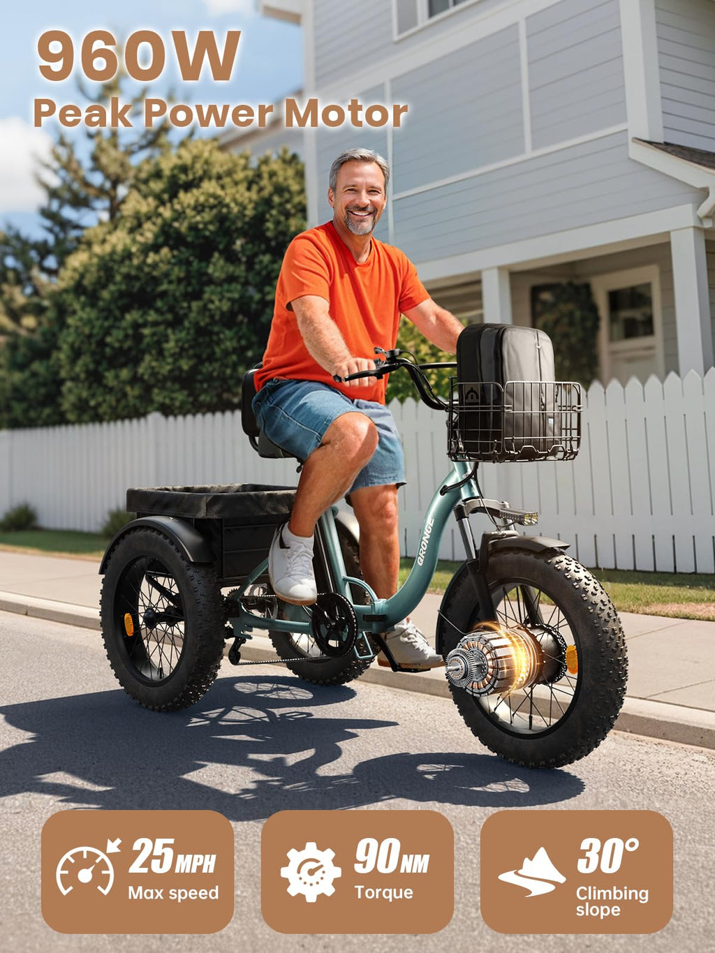 Electric Tricycle 960W Peak 36V 15AH Battery 20"*4" Fat Tire 3 Wheel Folding W502