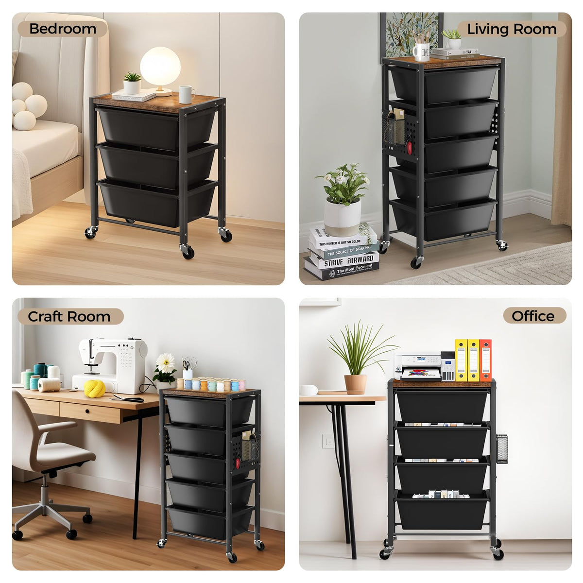 3 Drawer Rolling Cart with Lockable Wheels and Wooden Tabletop M783