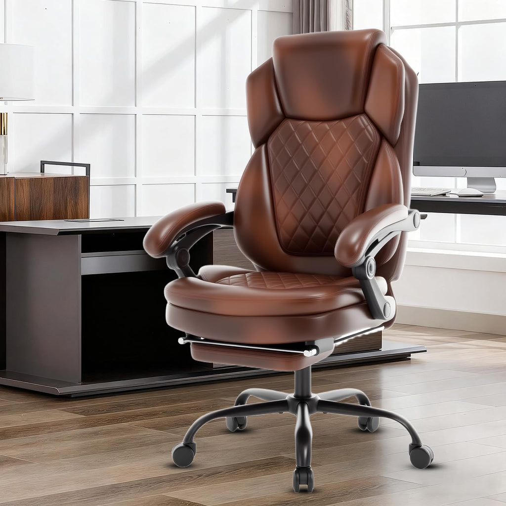 Brown Leather Reclining Office Desk Chair with Foot Rest K13890