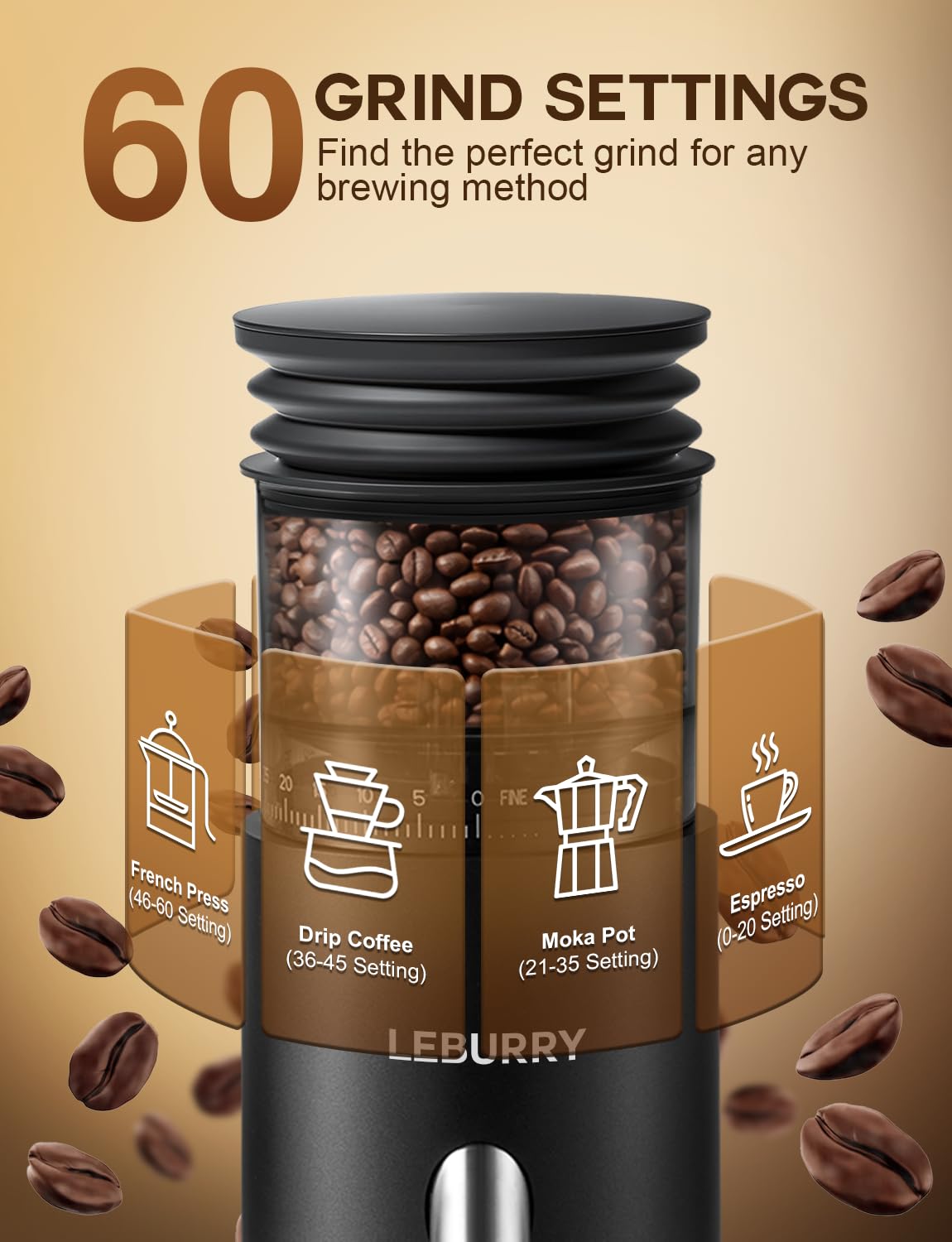 Portable Electric Burr Coffee Grinder with 60 Grind Settings O44364