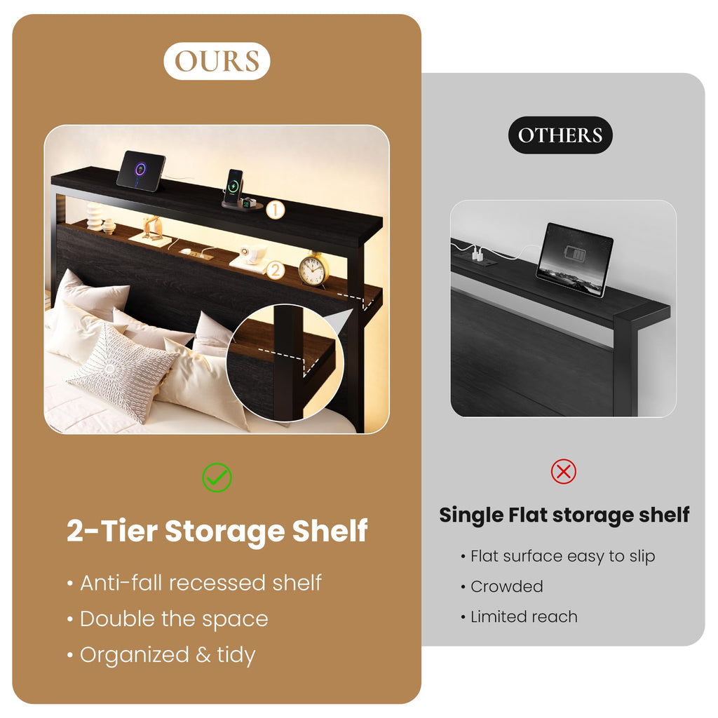 Full Bed Frame with 2-Tier Storage Headboard S9433
