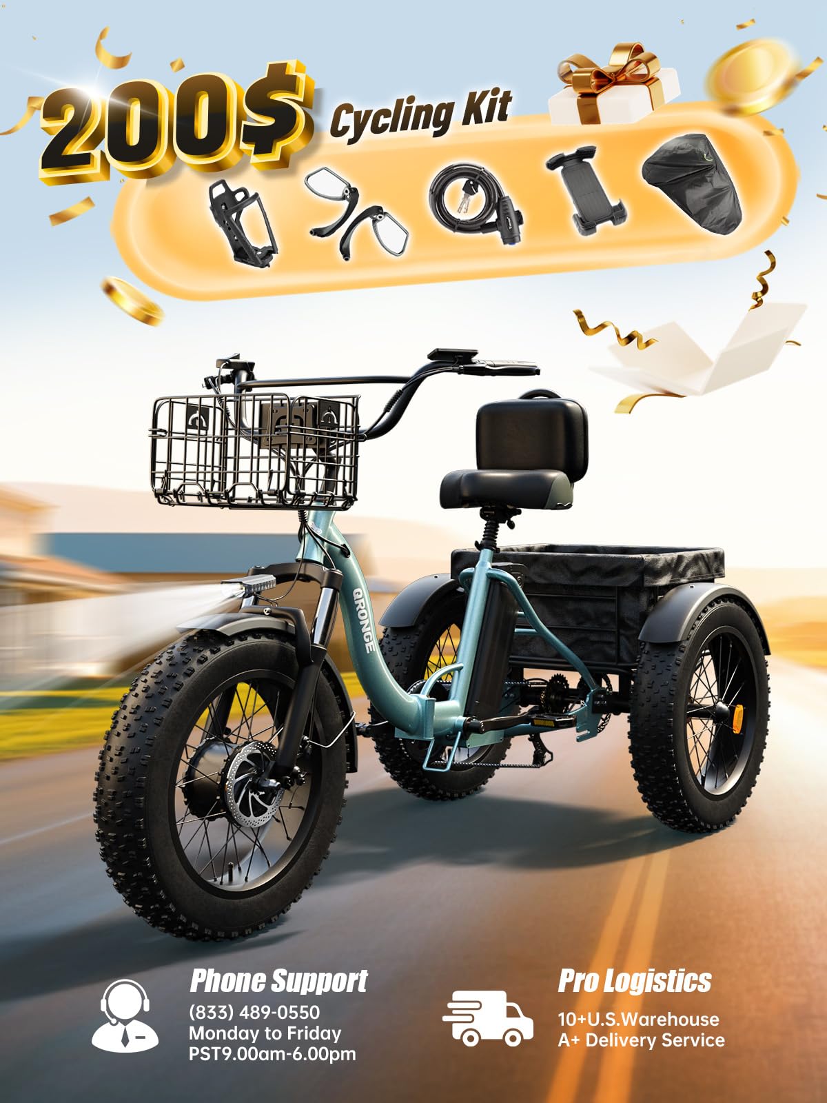 Electric Tricycle 960W Peak 36V 15AH Battery 20"*4" Fat Tire 3 Wheel Folding W502
