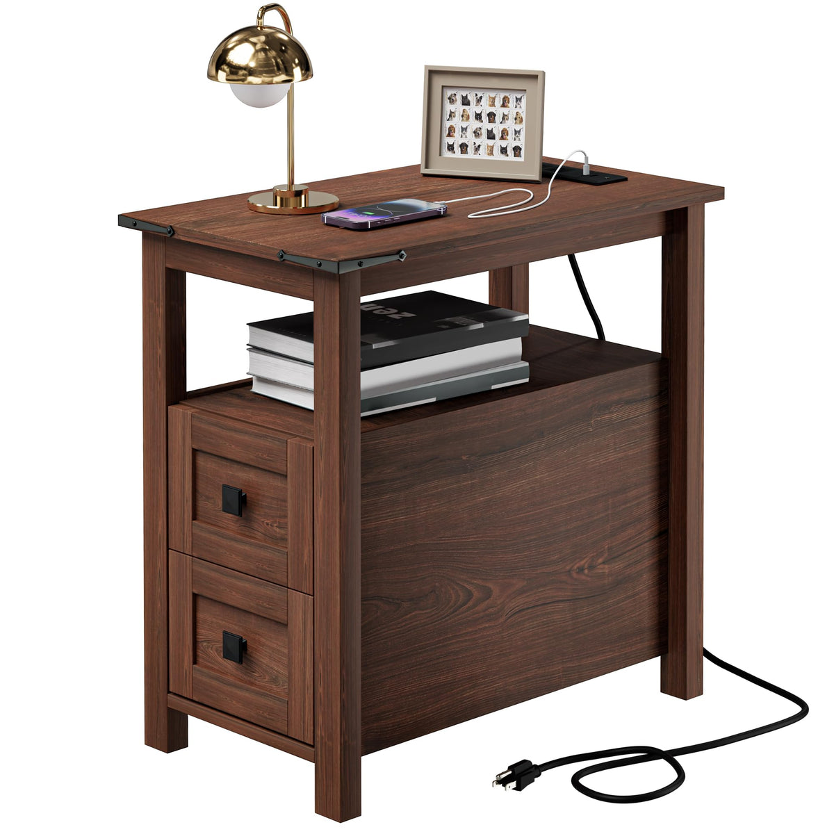 Cherry Wood End Table with Charging Station and 2 Storage Drawers Y5109