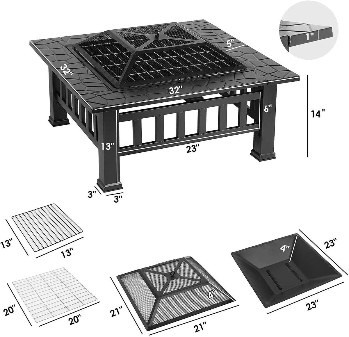 32'' Wood Burning Square Fire Pit with Grill Grate P370176