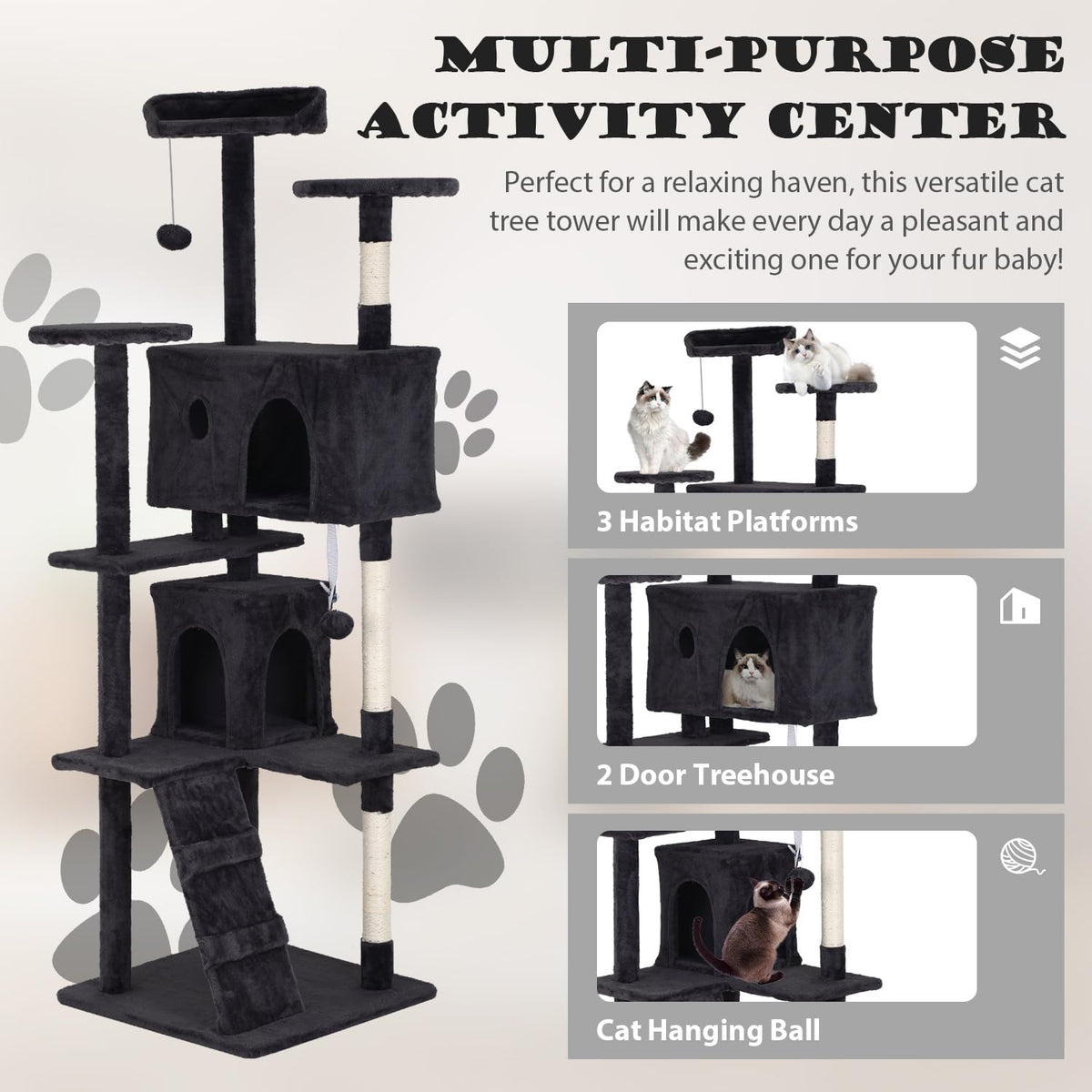 70" Dark Grey Cat Tree Tower with Scratching Post and Bed L465