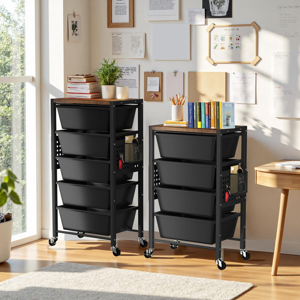 3 Drawer Rolling Cart with Lockable Wheels and Wooden Tabletop M783