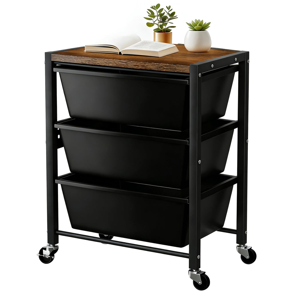 3 Drawer Rolling Cart with Lockable Wheels and Wooden Tabletop M783