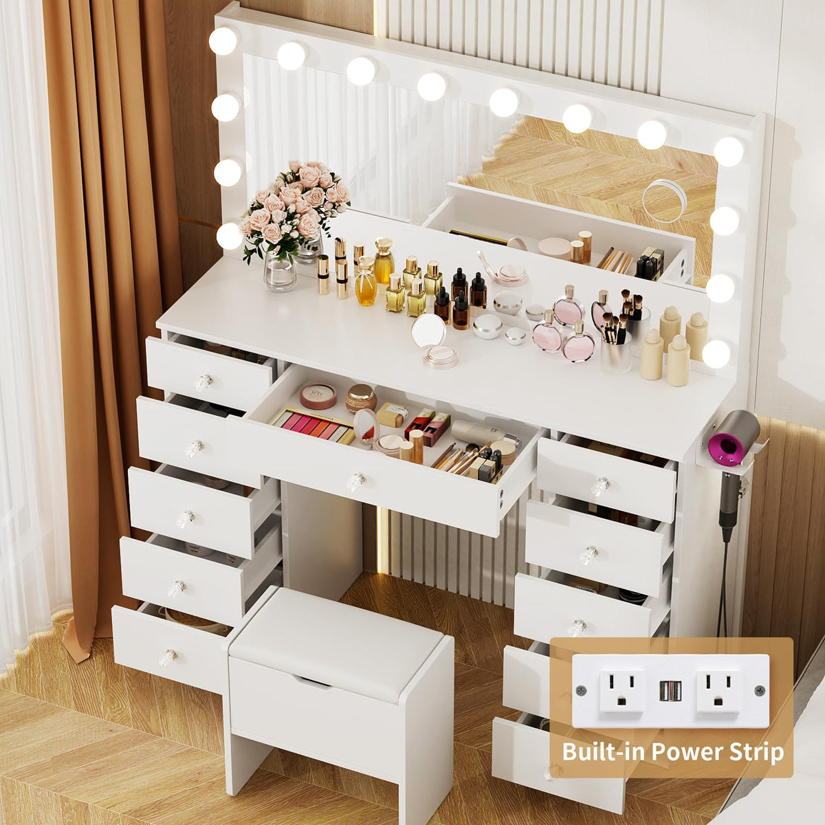46" Vanity with Lighted Mirror and 11 Drawers R983379