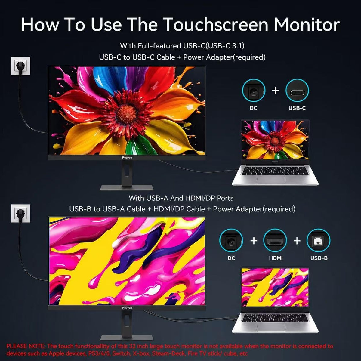 32 Inch 4K Touch Monitor, 144Hz UHD 3840x2160 Touchscreen, HDMI 2.1 & DP 1.4 & Type-C, HDR 400, Height-Adjustable Stand VESA Mountable J16915