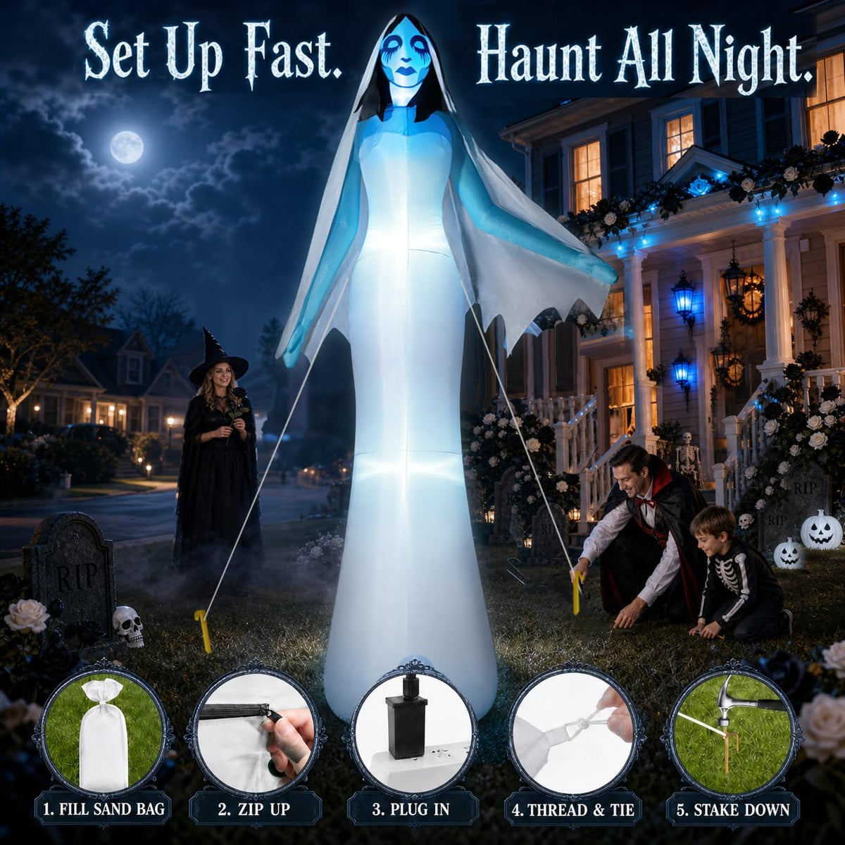 12FT Halloween Inflatable Ghost Bride with Blue LEDs L5774