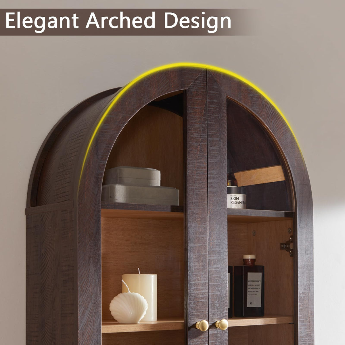 Arched Wall Cabinet with Glass Doors & Adjustable Shelves, 23.5×31.4 Inch N1744