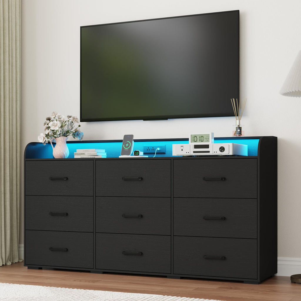Black 9 Drawer Wood Dresser with Power Outlet and LED Lights Z184136
