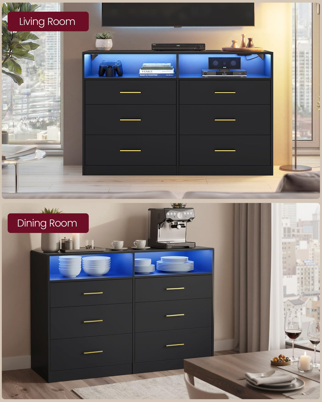 6 Drawer Dresser with LED Lights and Power Strip J252