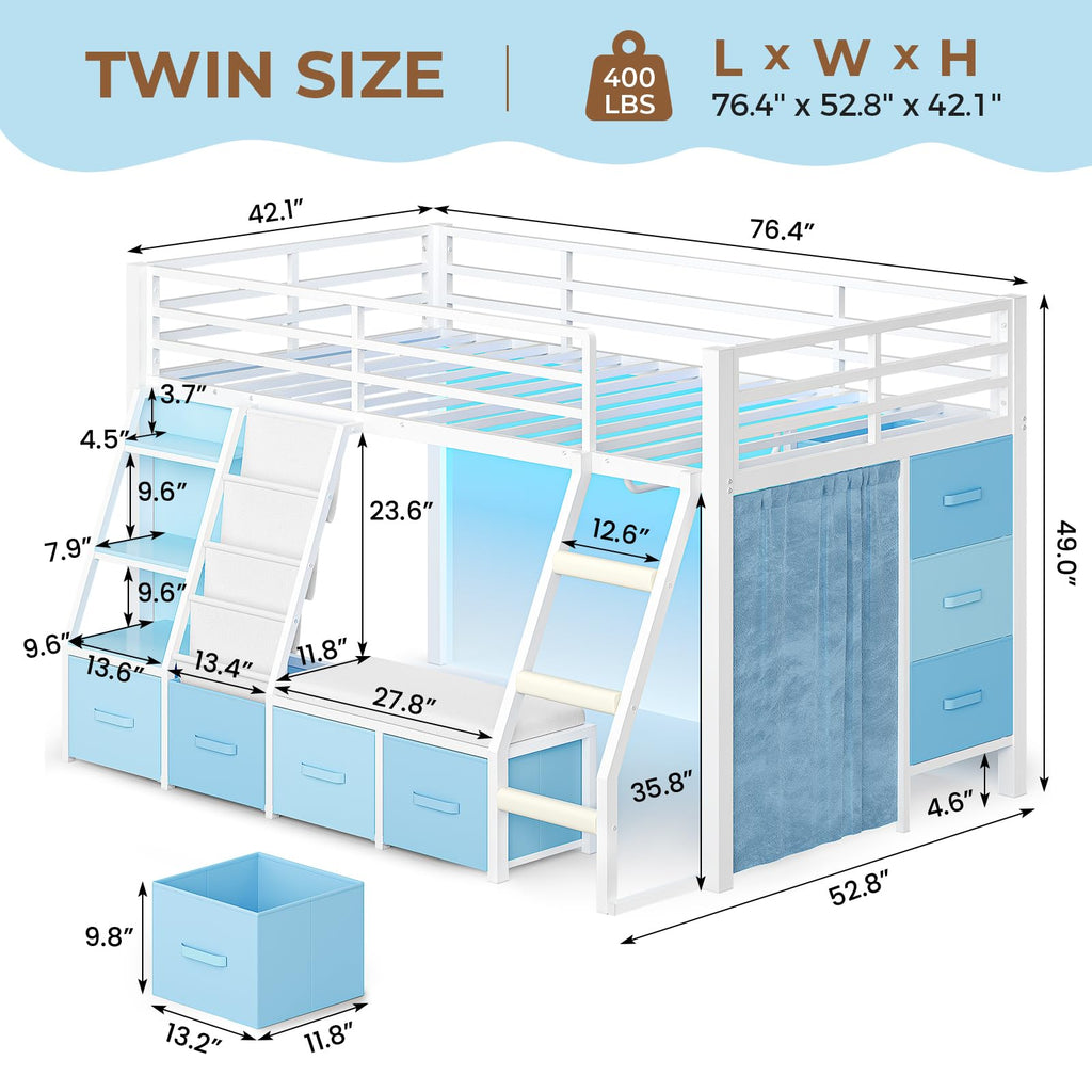 White & Blue Twin Loft Bed with 7 Storage Drawers L495