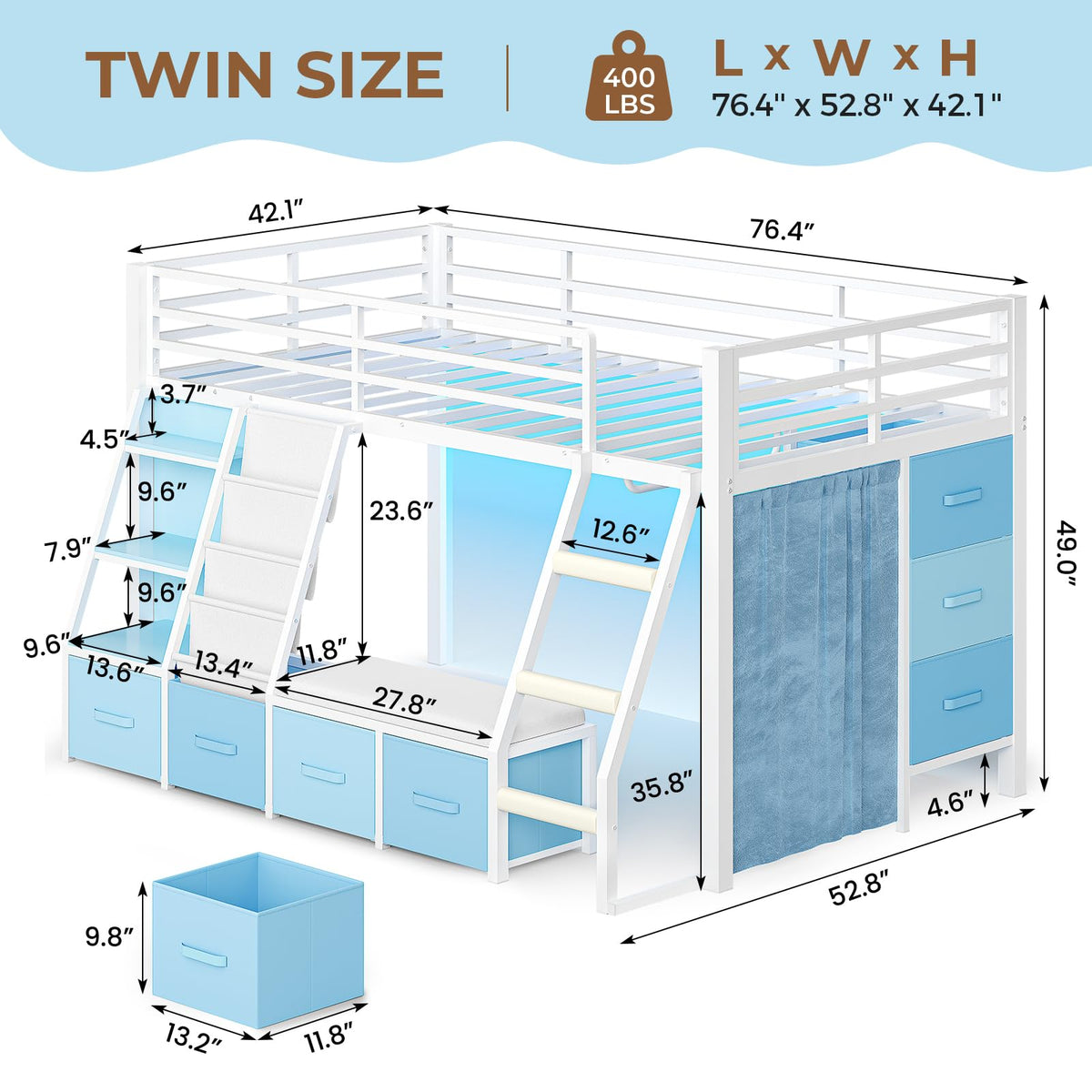 White & Blue Twin Loft Bed with 7 Storage Drawers L495