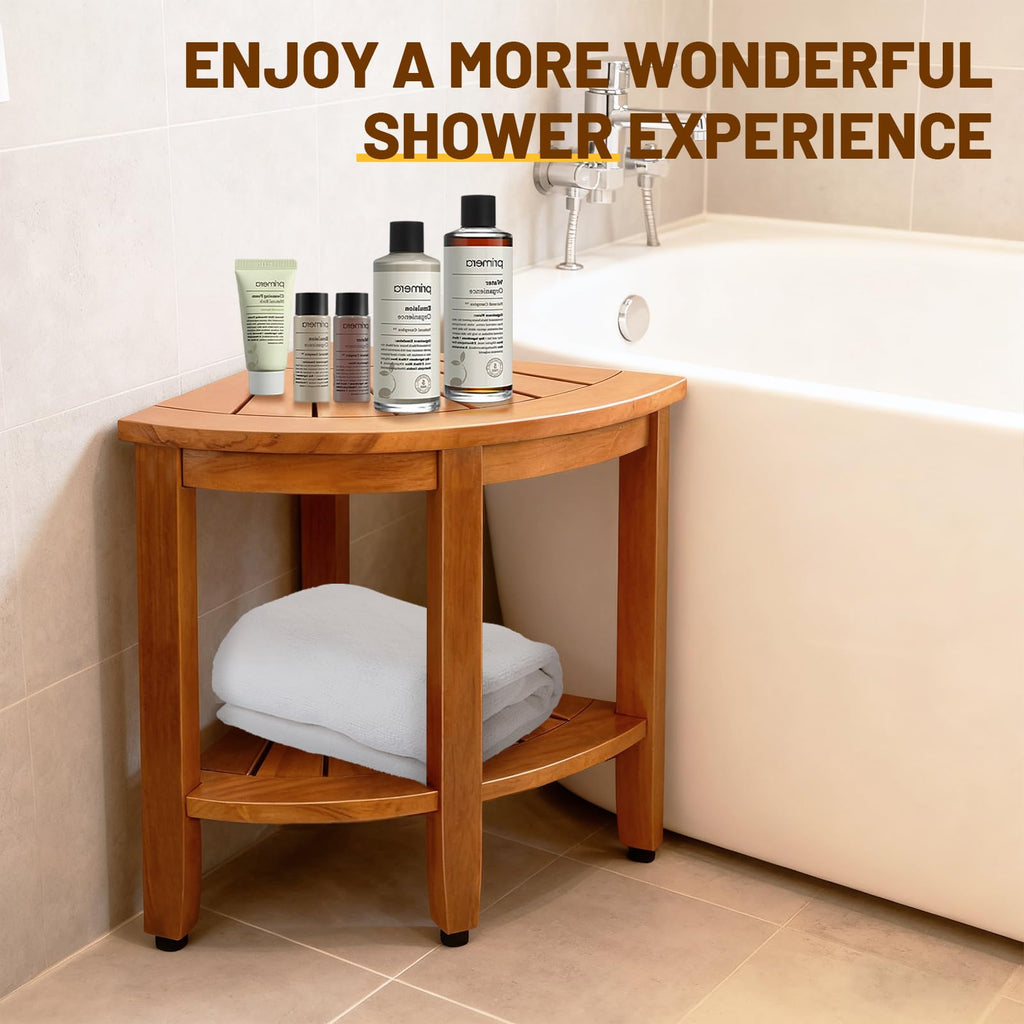 18" Teak Corner Shower Bench with Shelf I2158